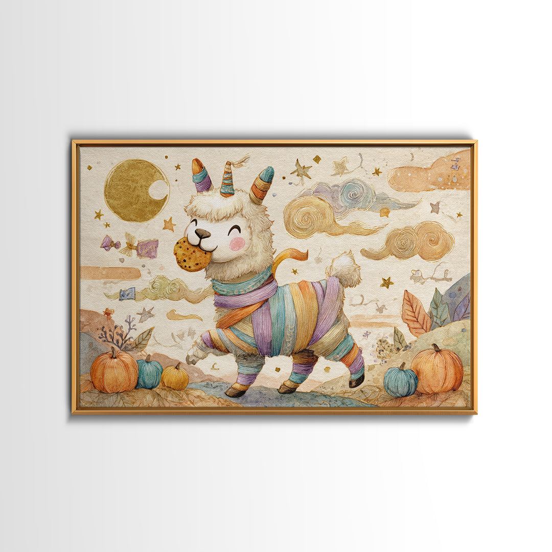 The Llama Mummy, Watercolor Halloween Art, Landscape Wall Art, Framed Canvas Print, Cute Halloween Wall Art