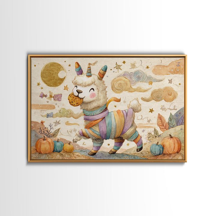 The Llama Mummy, Watercolor Halloween Art, Landscape Wall Art, Framed Canvas Print, Cute Halloween Wall Art