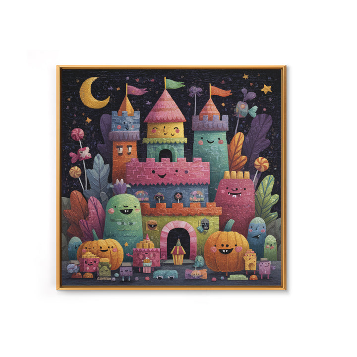The Candy Castle, Gouache Halloween Art, Square Wall Art, Canvas Print, Cute Halloween Wall Art, Halloween Kids Decor, Storybook Decor