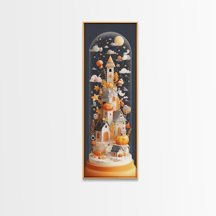 Halloween Inside A Snow Globe, Paper Collage Halloween, Tall Narrow Wall Art, Framed Canvas Print, Cute Halloween Wall Art