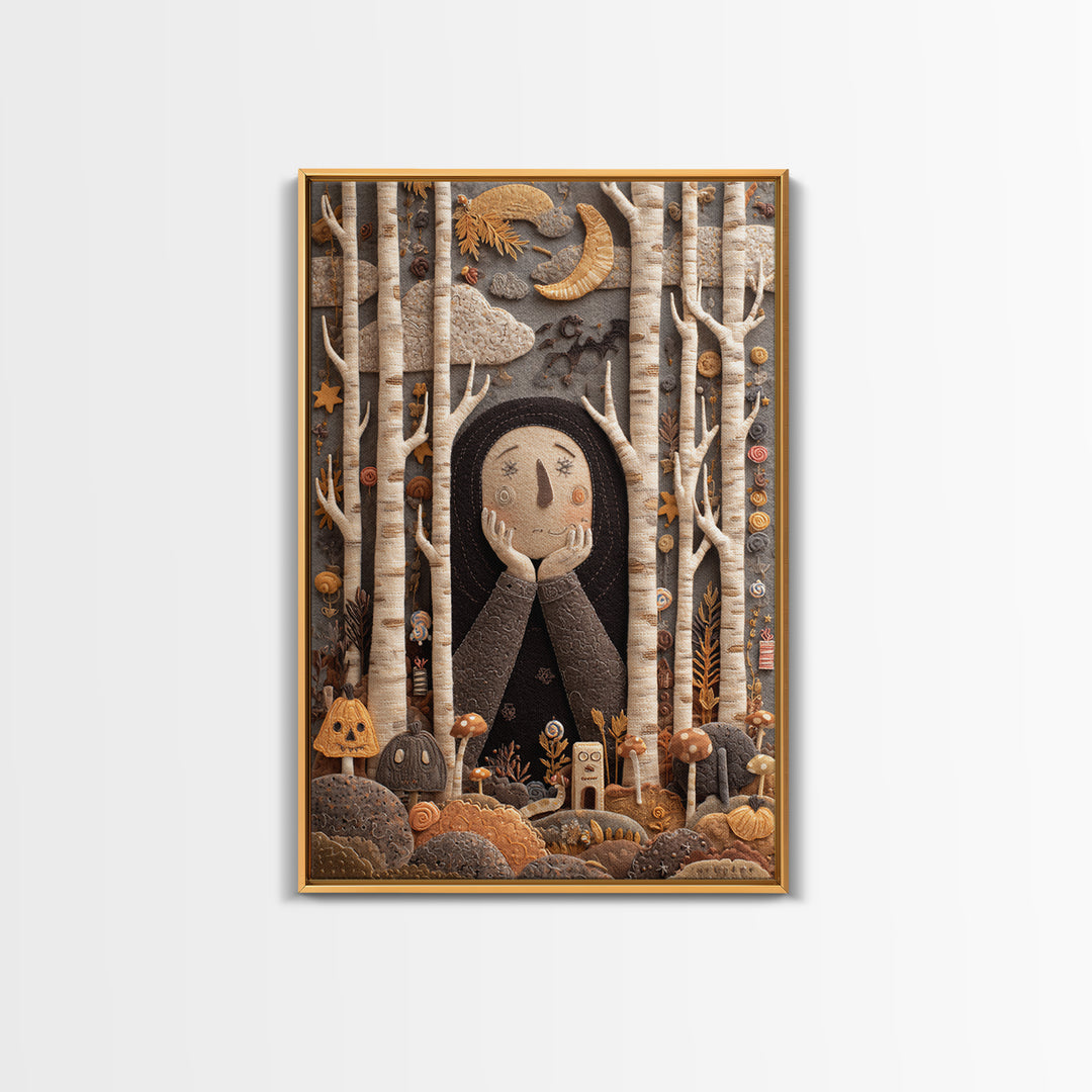 The Sleeper In The Birch Grove, Felt Halloween Art, Vertical Wall Art, Canvas Print, Cute Halloween Wall Art