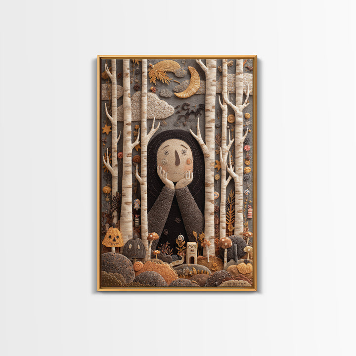 The Sleeper In The Birch Grove, Felt Halloween Art, Vertical Wall Art, Canvas Print, Cute Halloween Wall Art