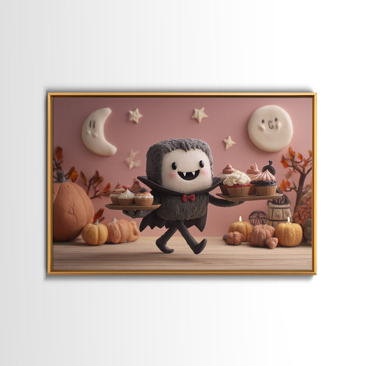 The Cupcake Vampire, Clay Halloween Art, Landscape Wall Art, Framed Canvas Print, Cute Halloween Wall Art