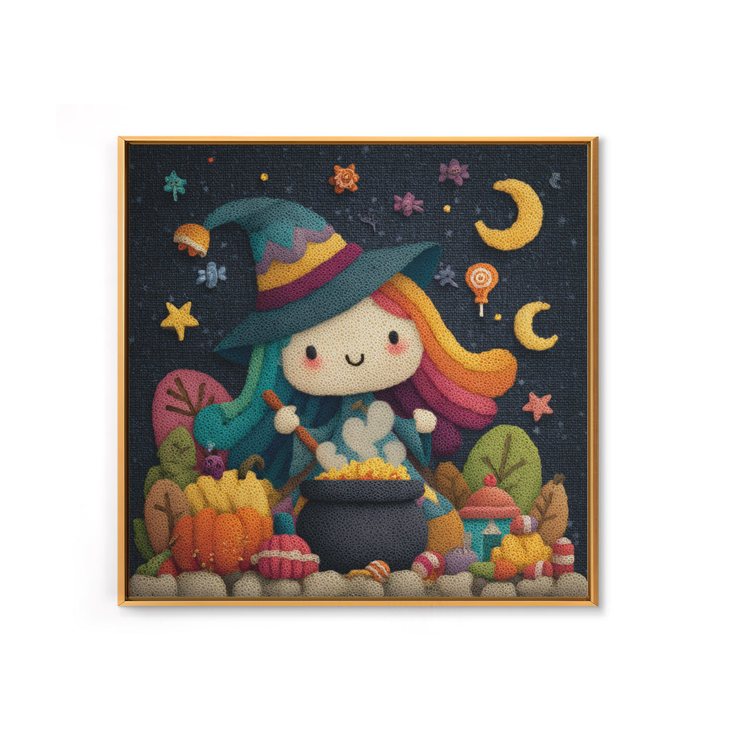 The Rainbow-Cauldron Witch, Plush Halloween Art, Square Wall Art, Canvas Print, Cute Halloween Wall Art
