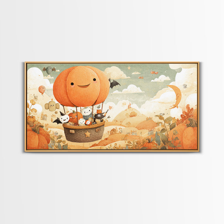 The Pumpkin Hot-Air Balloon, Kawaii Halloween Art, Wide Panoramic Art, Framed Canvas Print, Cute Halloween Wall Art