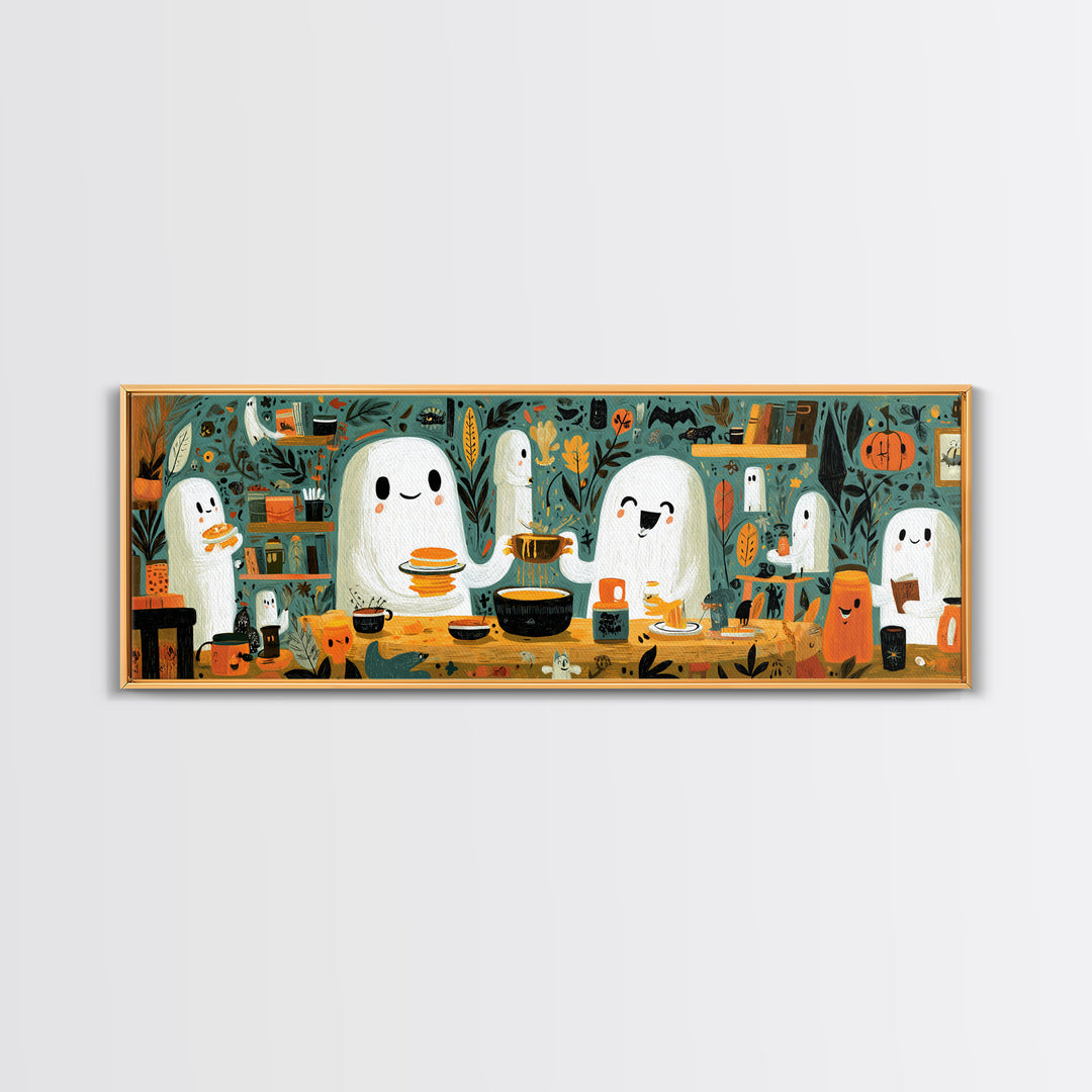 The Ghost Family Breakfast, Retro Halloween Art, Extra Wide Wall Art, Canvas Print, Cute Halloween Wall Art