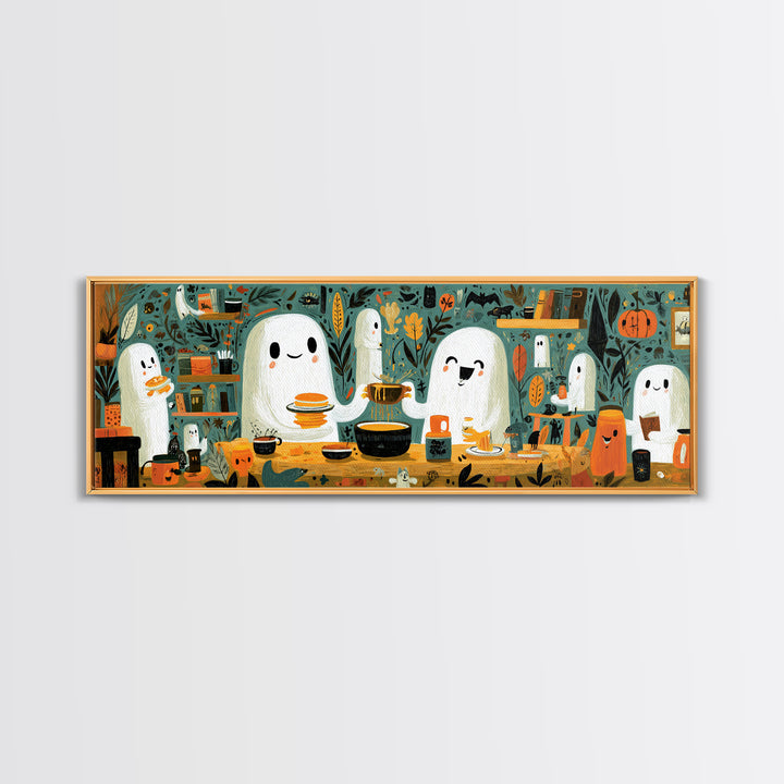 The Ghost Family Breakfast, Retro Halloween Art, Extra Wide Wall Art, Canvas Print, Cute Halloween Wall Art