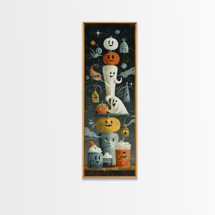 The Midnight Cocoa Party, Screenprint Halloween Art, Tall Narrow Wall Art, Framed Canvas Print, Cute Halloween Wall Art