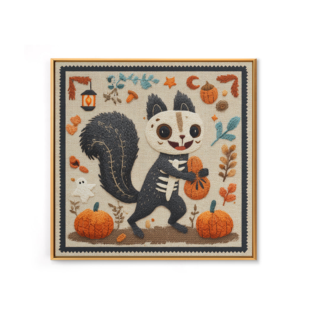The Squirrel Skeleton, Embroidered Halloween Art, Square Wall Art, Canvas Print, Cute Halloween Wall Art