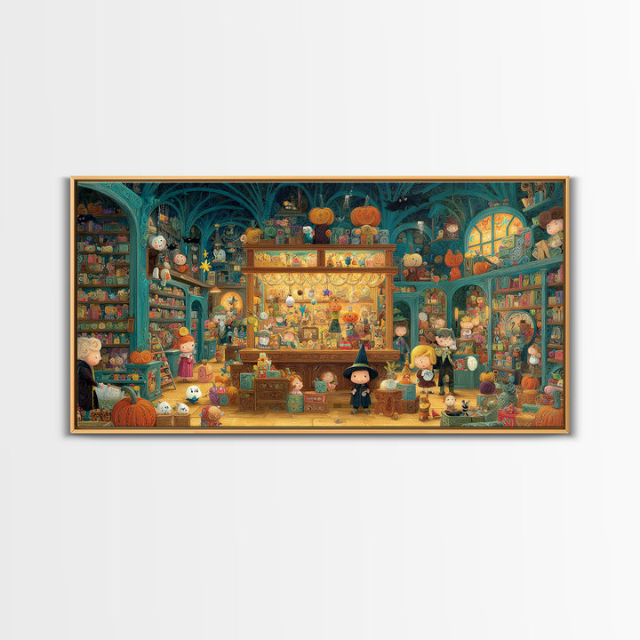 The Moonlight Toy Shop, Quilled Halloween Art, Wide Panoramic Art, Framed Canvas Print, Cute Halloween Wall Art