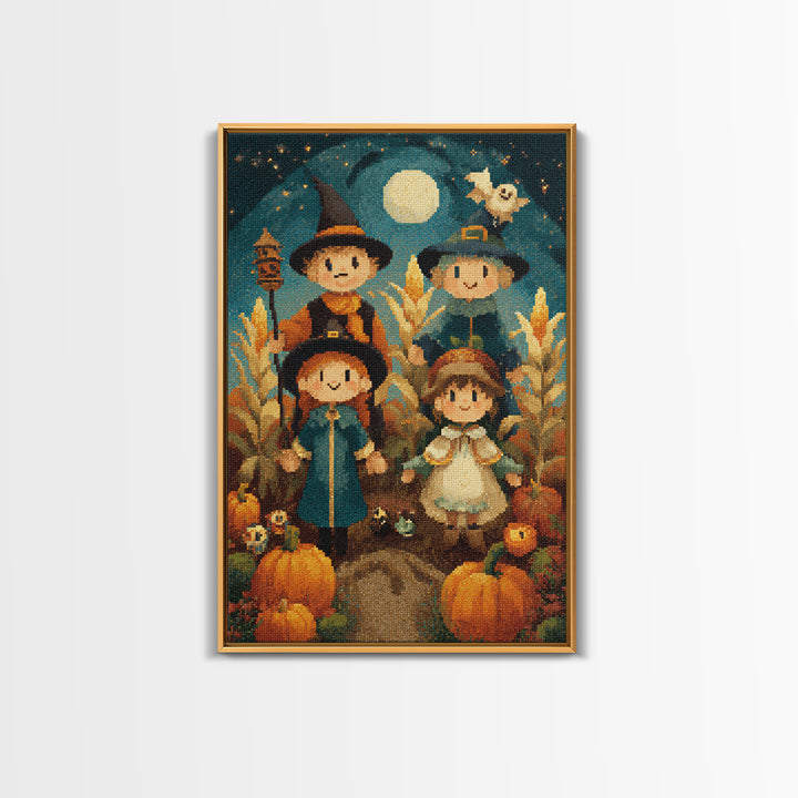 The Starry Cornfield Maze, Pixel Halloween Art, Vertical Wall Art, Canvas Print, Cute Halloween Wall Art