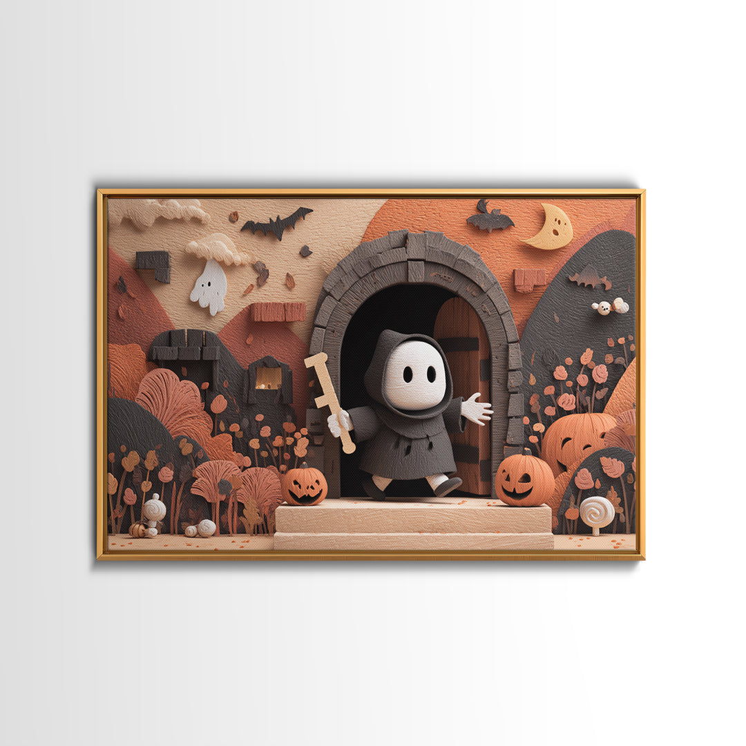 The Keeper Of The Black Reef Key, Vector Halloween Art, Landscape Wall Art, Framed Canvas Print, Cute Halloween Wall Art