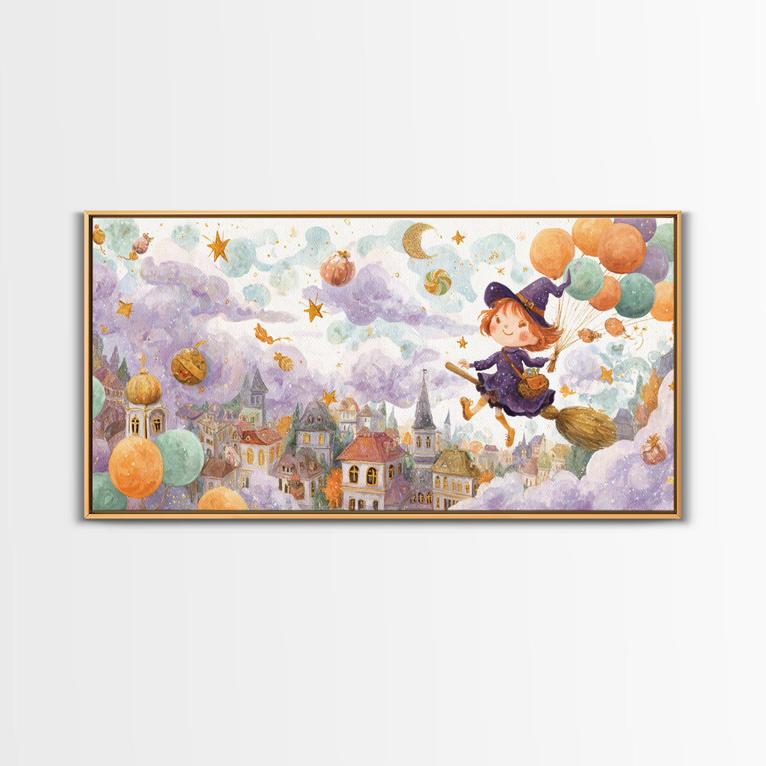 The Witch With A Balloon Broom, Watercolor Halloween Art, Wide Panoramic Art, Framed Canvas Print, Cute Halloween Wall Art