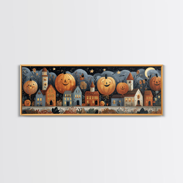 The Pumpkin Balloon Parade, Gouache Halloween Art, Extra Wide Wall Art, Canvas Print, Cute Halloween Wall Art
