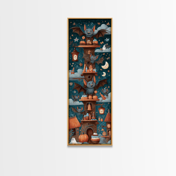 The Brownie Bat Bakery, Crayon Halloween Art, Tall Narrow Wall Art, Framed Canvas Print, Cute Halloween Wall Art