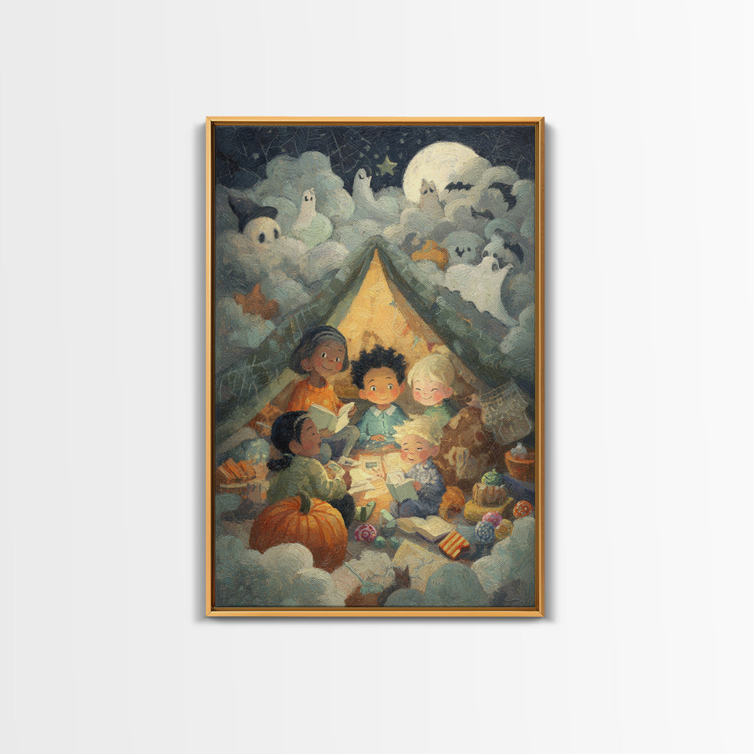 The Halloween Sleepover, Pastel Halloween Art, Vertical Wall Art, Canvas Print, Cute Halloween Wall Art