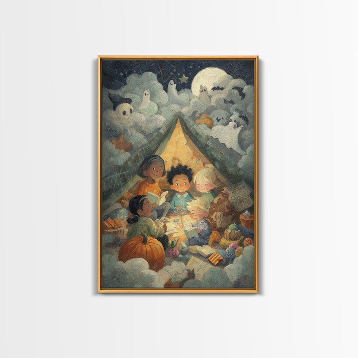 The Halloween Sleepover, Pastel Halloween Art, Vertical Wall Art, Canvas Print, Cute Halloween Wall Art