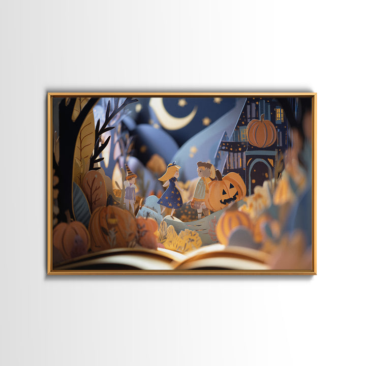 The Enchanted Halloween Library, Paper Collage Halloween, Landscape Wall Art, Framed Canvas Print, Cute Halloween Wall Art