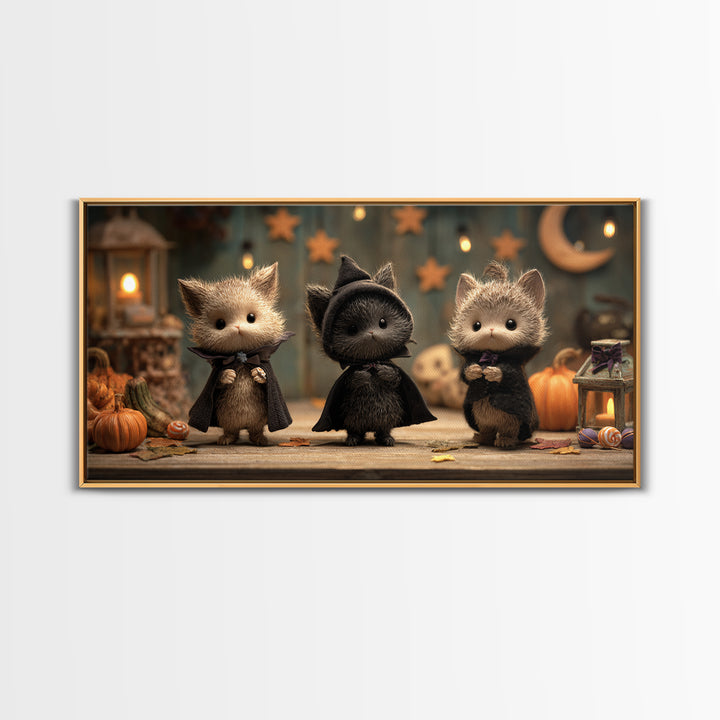 The Kitten Vampire, Clay Halloween Art, Wide Panoramic Art, Framed Canvas Print, Cute Halloween Wall Art
