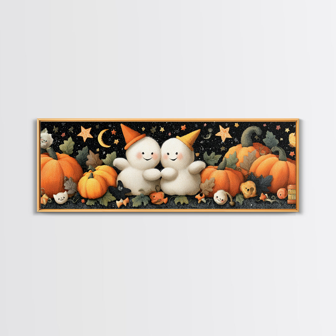 The Halloween Friendship Spell, Plush Halloween Art, Extra Wide Wall Art, Canvas Print, Cute Halloween Wall Art