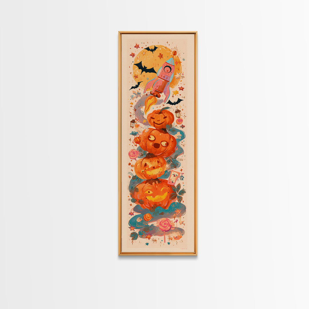 The Pumpkin Rocket Ship, Kawaii Halloween Art, Tall Narrow Wall Art, Framed Canvas Print, Cute Halloween Wall Art, Storybook Decor