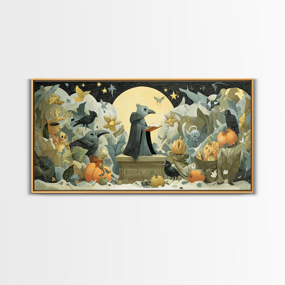 The Raven Sermon Of Leng, Linocut Halloween Art, Wide Panoramic Art, Framed Canvas Print, Cute Halloween Wall Art