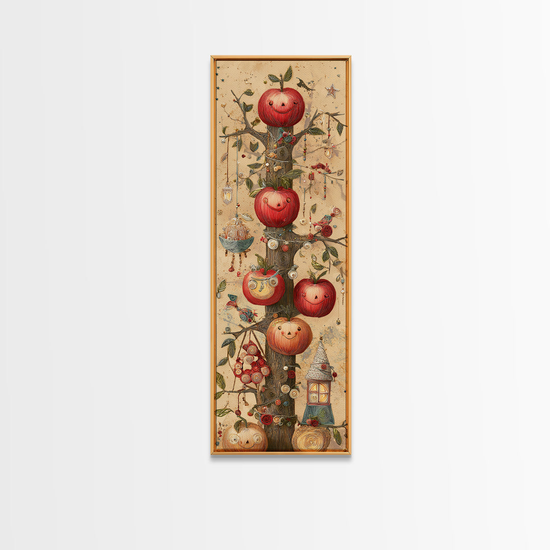 The Enchanted Apple Orchard, Quilled Halloween Art, Tall Narrow Wall Art, Framed Canvas Print, Cute Halloween Wall Art