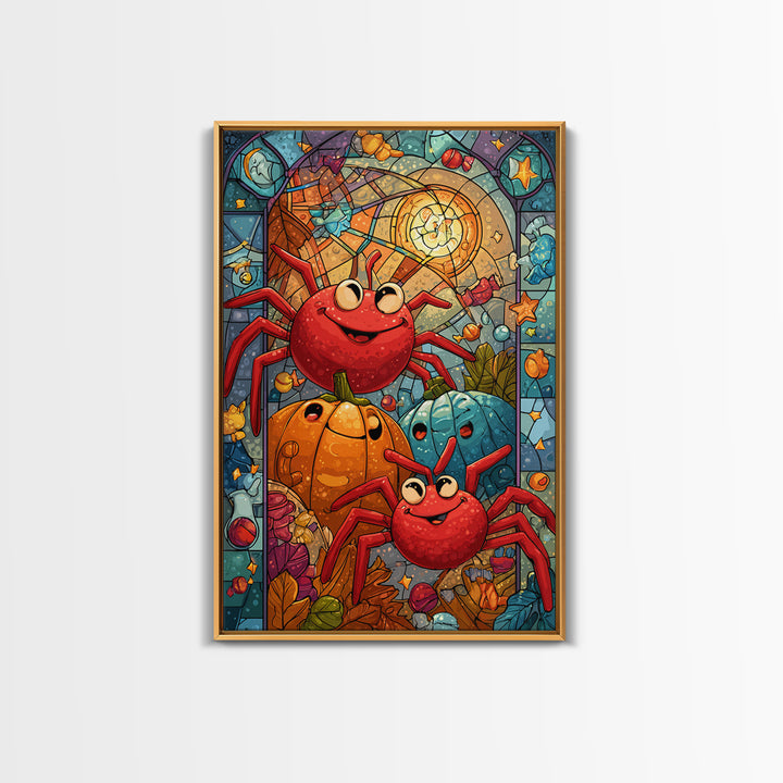 The Licorice Spider Family, Stained Glass Halloween, Vertical Wall Art, Canvas Print, Cute Halloween Wall Art