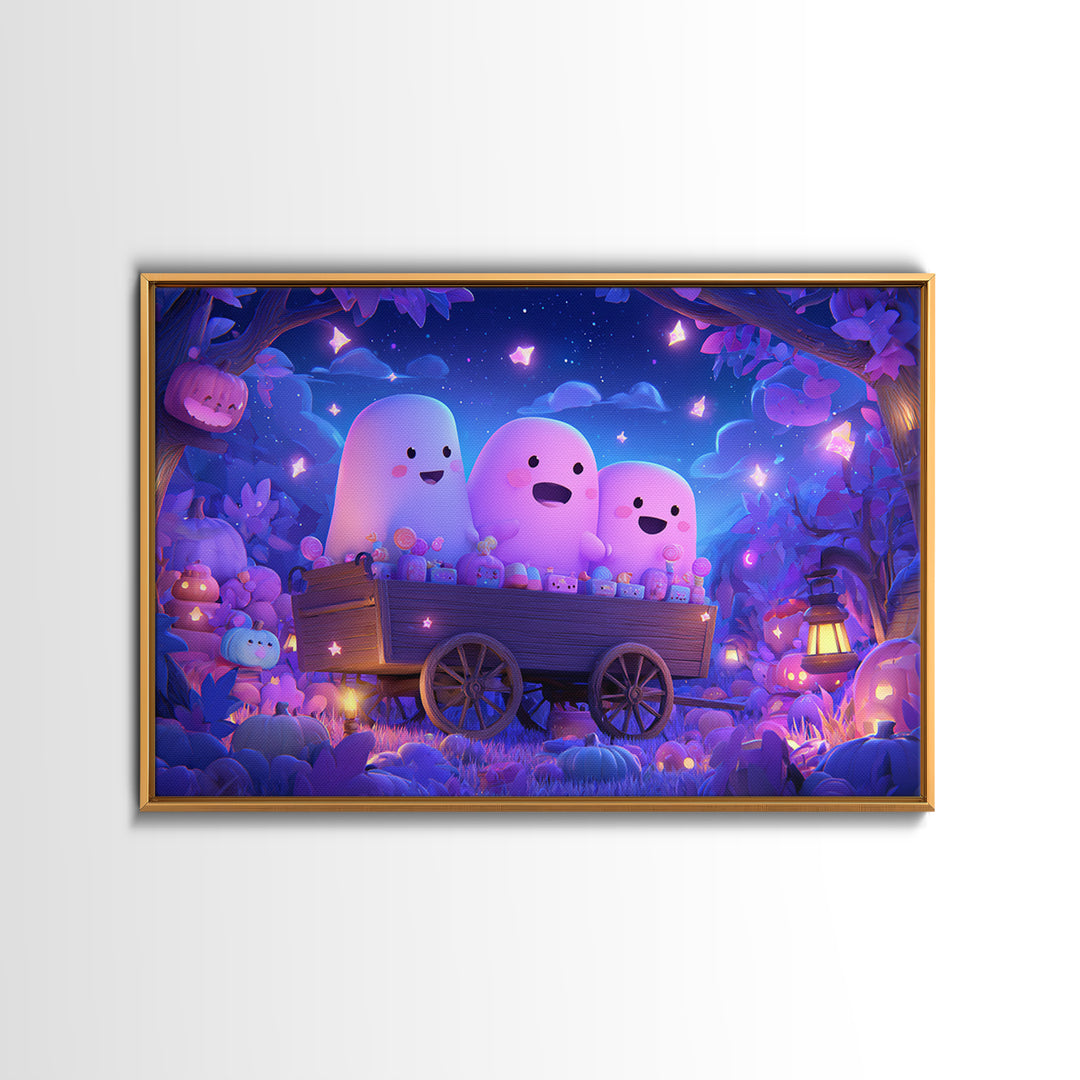 The Friendly Haunted Hayride, Vaporwave Halloween Art, Landscape Wall Art, Framed Canvas Print, Cute Halloween Wall Art