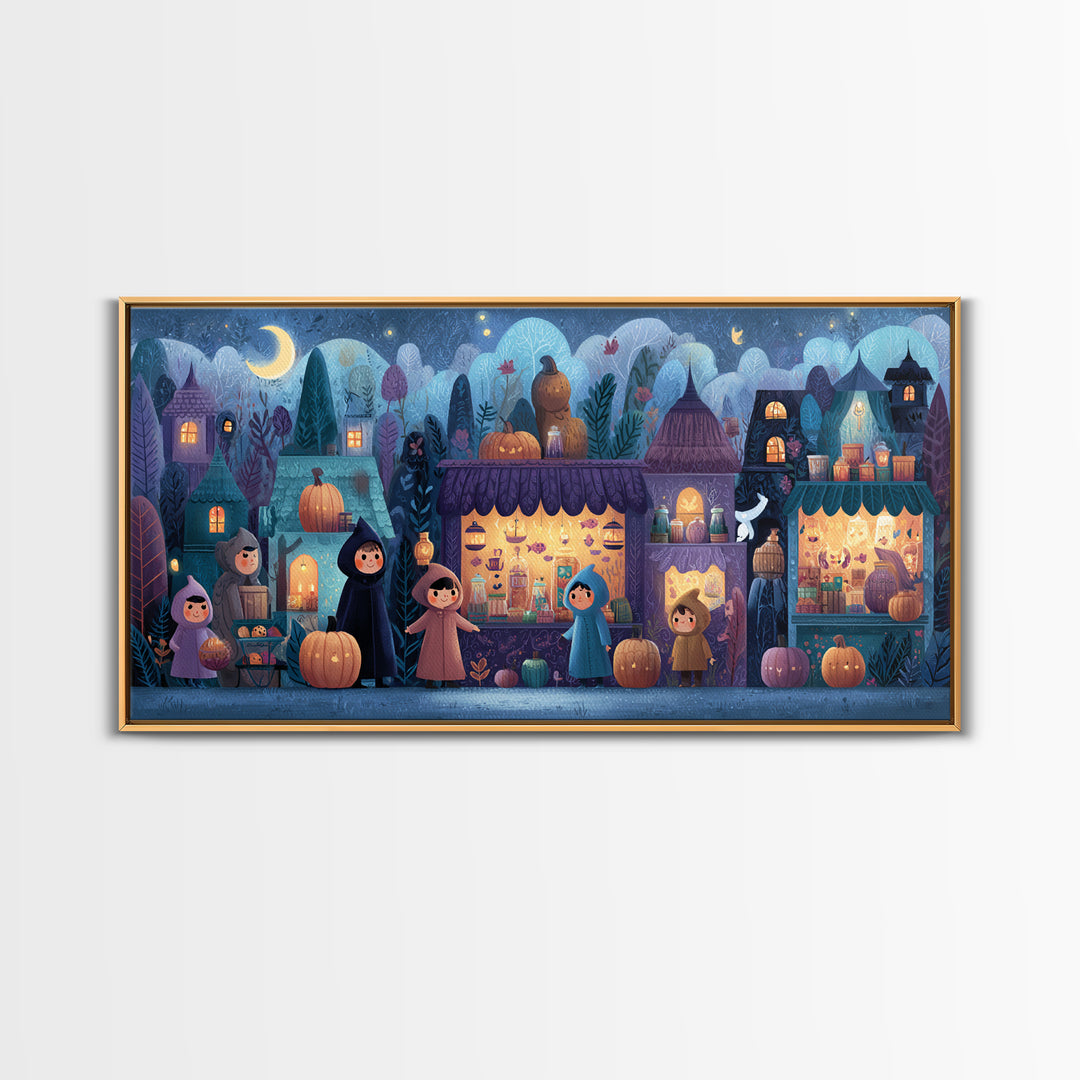 The Lantern Market Beyond The Veil, Vector Halloween Art, Wide Panoramic Art, Framed Canvas Print, Cute Halloween Wall Art