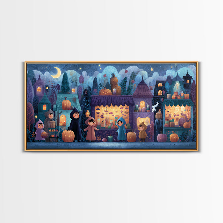 The Lantern Market Beyond The Veil, Vector Halloween Art, Wide Panoramic Art, Framed Canvas Print, Cute Halloween Wall Art