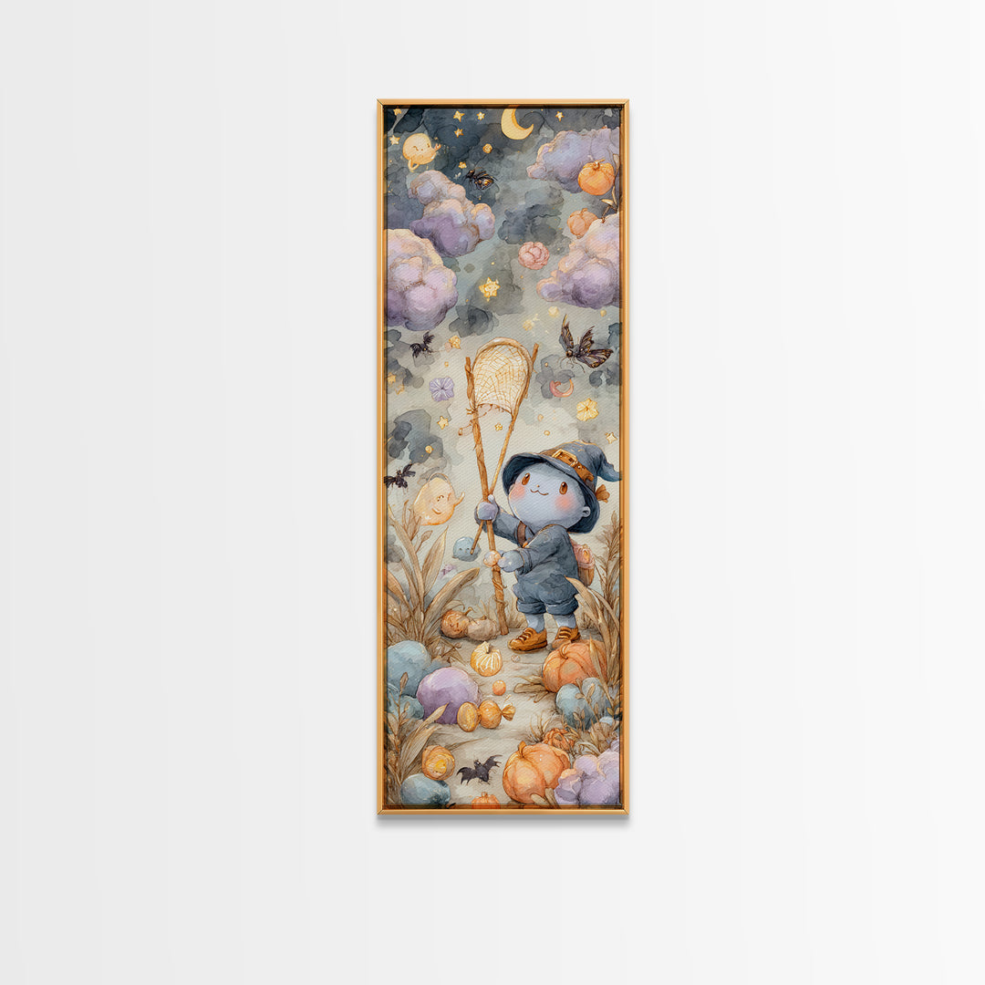 The Cloud-Catching Wizard, Watercolor Halloween Art, Tall Narrow Wall Art, Framed Canvas Print, Cute Halloween Wall Art