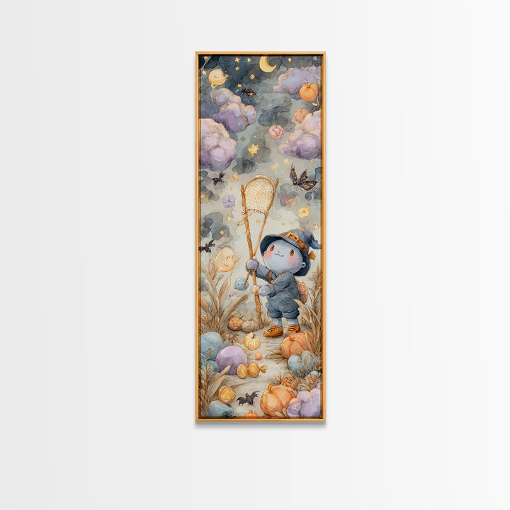 The Cloud-Catching Wizard, Watercolor Halloween Art, Tall Narrow Wall Art, Framed Canvas Print, Cute Halloween Wall Art
