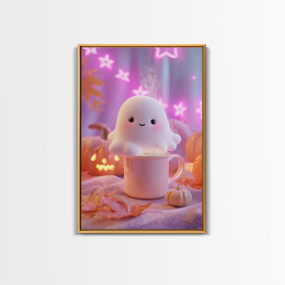 The Marshmallow Ghost, Vaporwave Halloween Decor, Vertical Wall Art, Framed Canvas Print, Retro Halloween Decor, Neon Wall Art