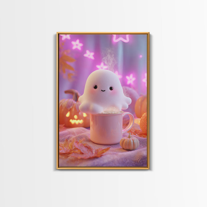 The Marshmallow Ghost, Vaporwave Halloween Decor, Vertical Wall Art, Framed Canvas Print, Retro Halloween Decor, Neon Wall Art
