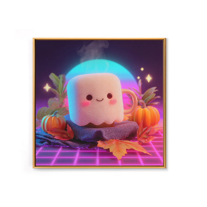 The Marshmallow Ghost, Vaporwave Halloween Decor, Square Wall Art, Framed Canvas Print, Retro Halloween Decor, Neon Wall Art