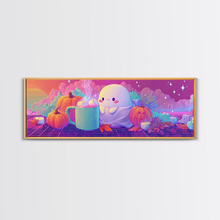 The Marshmallow Ghost, Retro Neon Halloween Art, Extra Wide Wall Art, Framed Canvas Print, Retro Halloween Decor, Neon Wall Art
