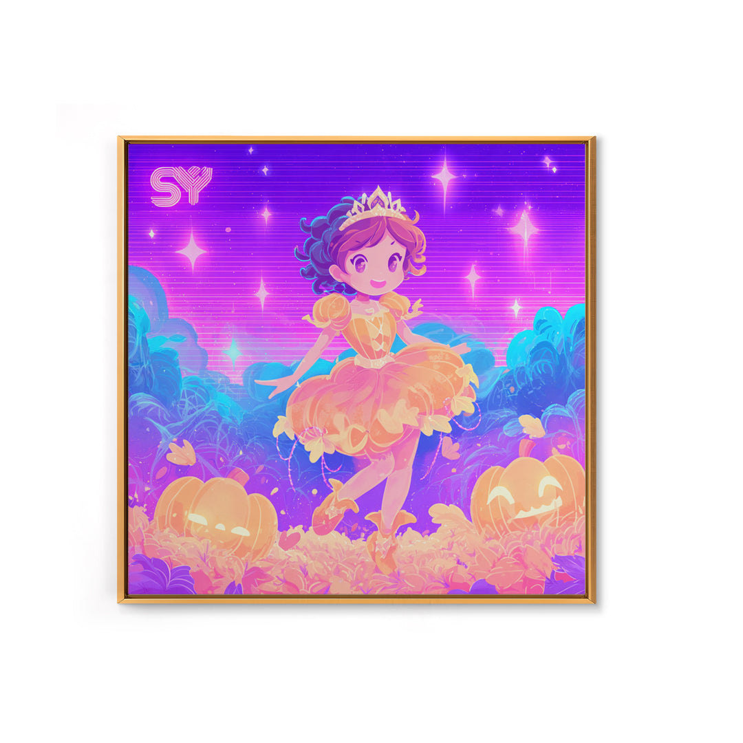 The Pumpkin Princess, Cute Spooky Neon Art, Square Wall Art, Canvas Print, Retro Halloween Decor, Neon Wall Art, Collectible Wall Decor