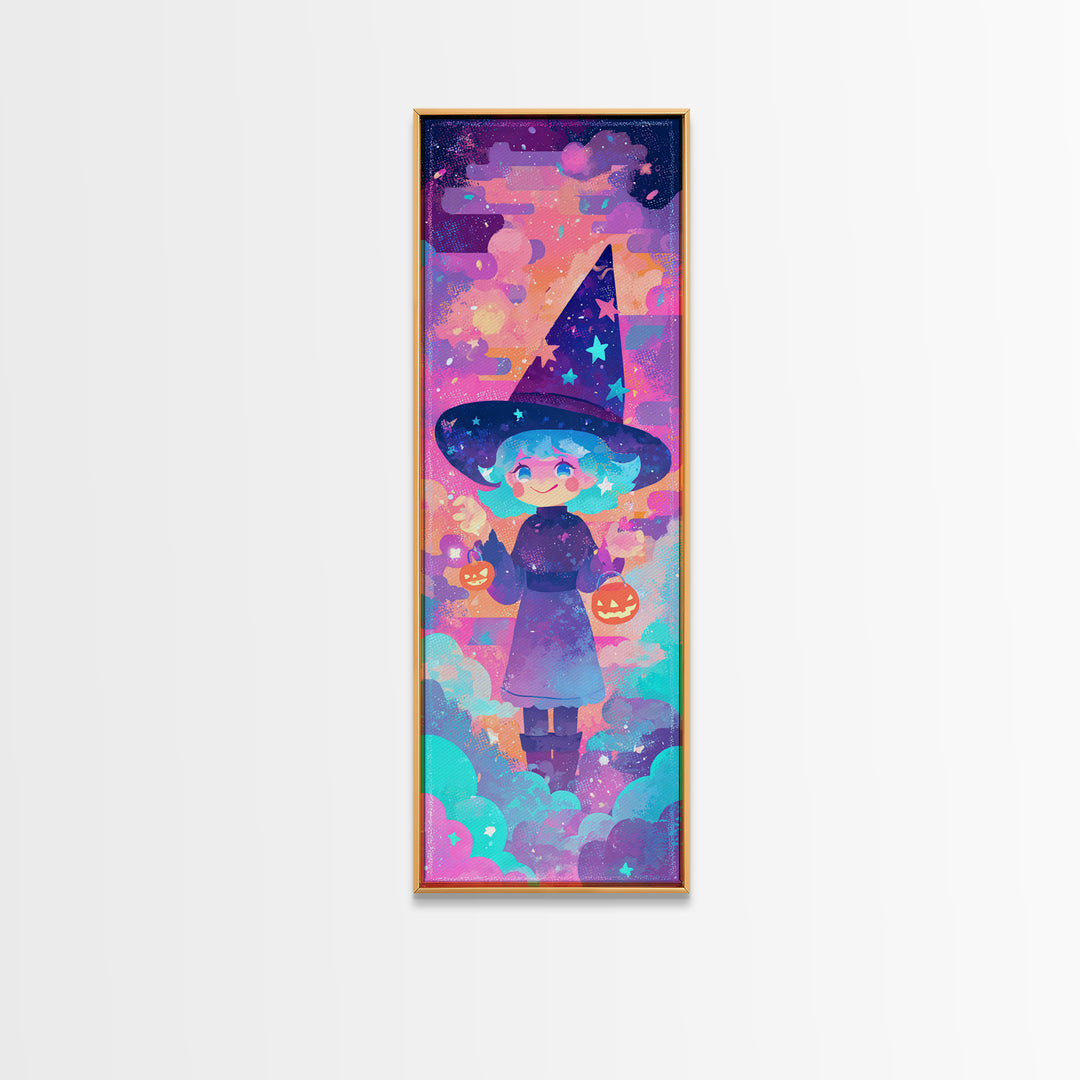 The Little Star Witch, Vaporwave Halloween Decor, Tall Narrow Wall Art, Framed Canvas Print, Retro Halloween Decor, Neon Wall Art