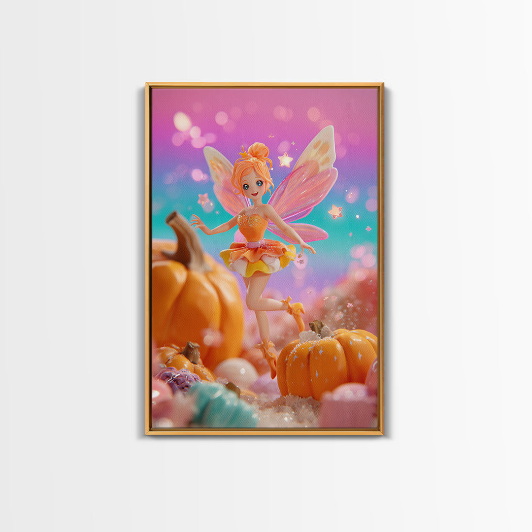 The Candy Corn Fairy, Retro Neon Halloween Art, Vertical Wall Art, Framed Canvas Print, Retro Halloween Decor, Neon Wall Art