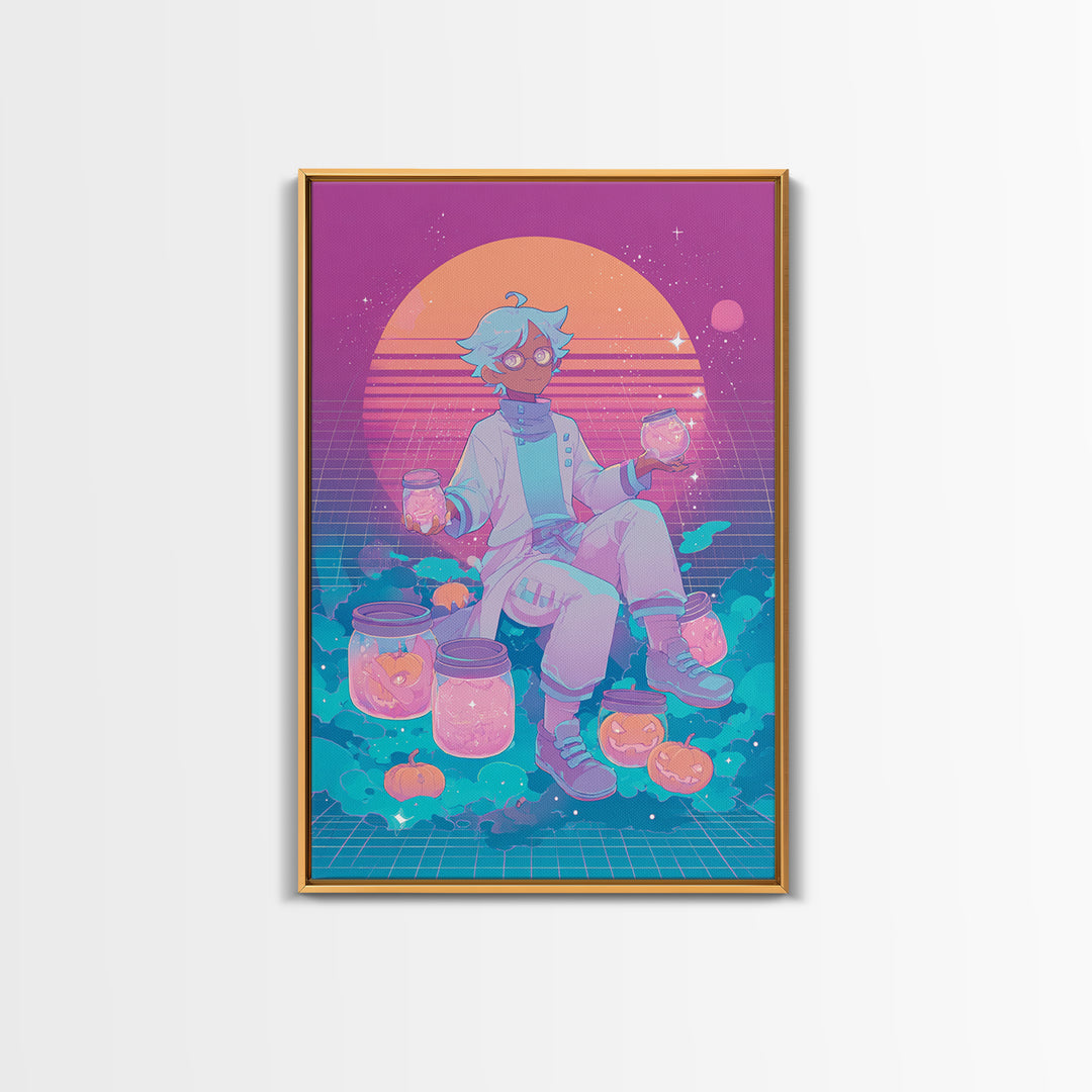 The Moonbeam Wizard, Vaporwave Halloween Decor, Vertical Wall Art, Framed Canvas Print, Retro Halloween Decor, Neon Wall Art