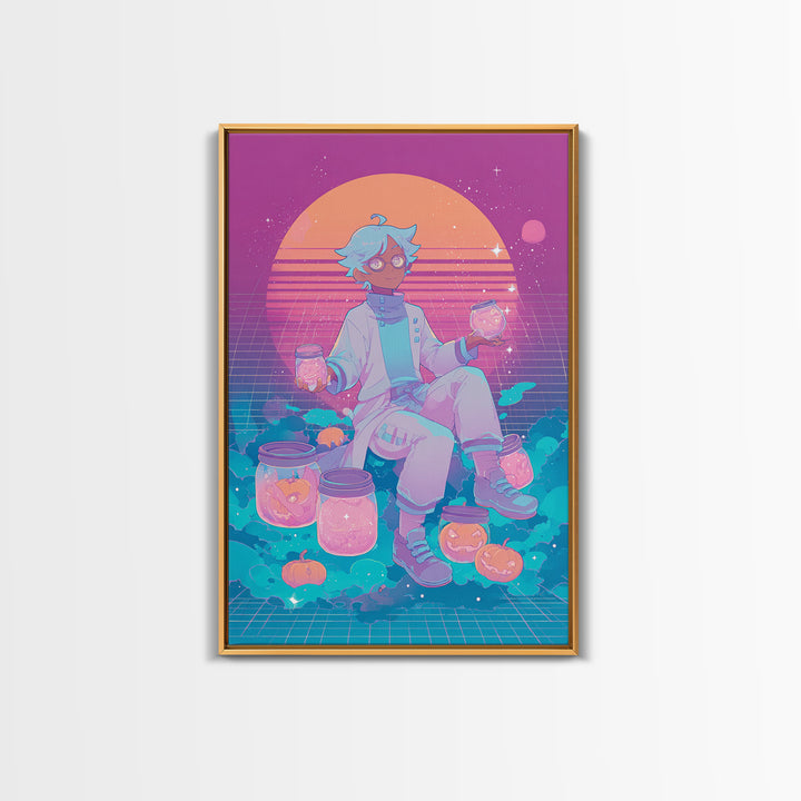 The Moonbeam Wizard, Vaporwave Halloween Decor, Vertical Wall Art, Framed Canvas Print, Retro Halloween Decor, Neon Wall Art