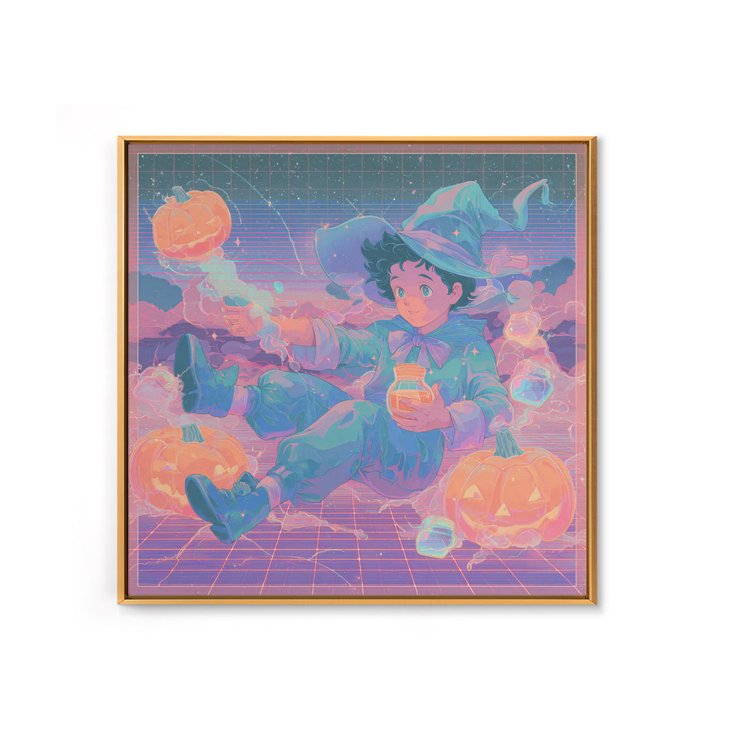 The Moonbeam Wizard, 80s Halloween Wall Art, Square Wall Art, Canvas Print, Retro Halloween Decor, Neon Wall Art, Collectible Wall Decor