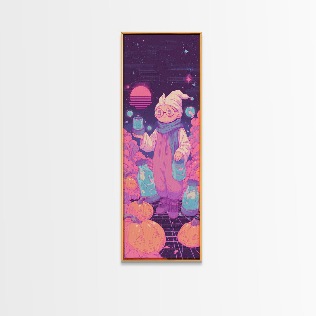 The Moonbeam Wizard, Retro Neon Halloween Art, Tall Narrow Wall Art, Framed Canvas Print, Retro Halloween Decor, Neon Wall Art