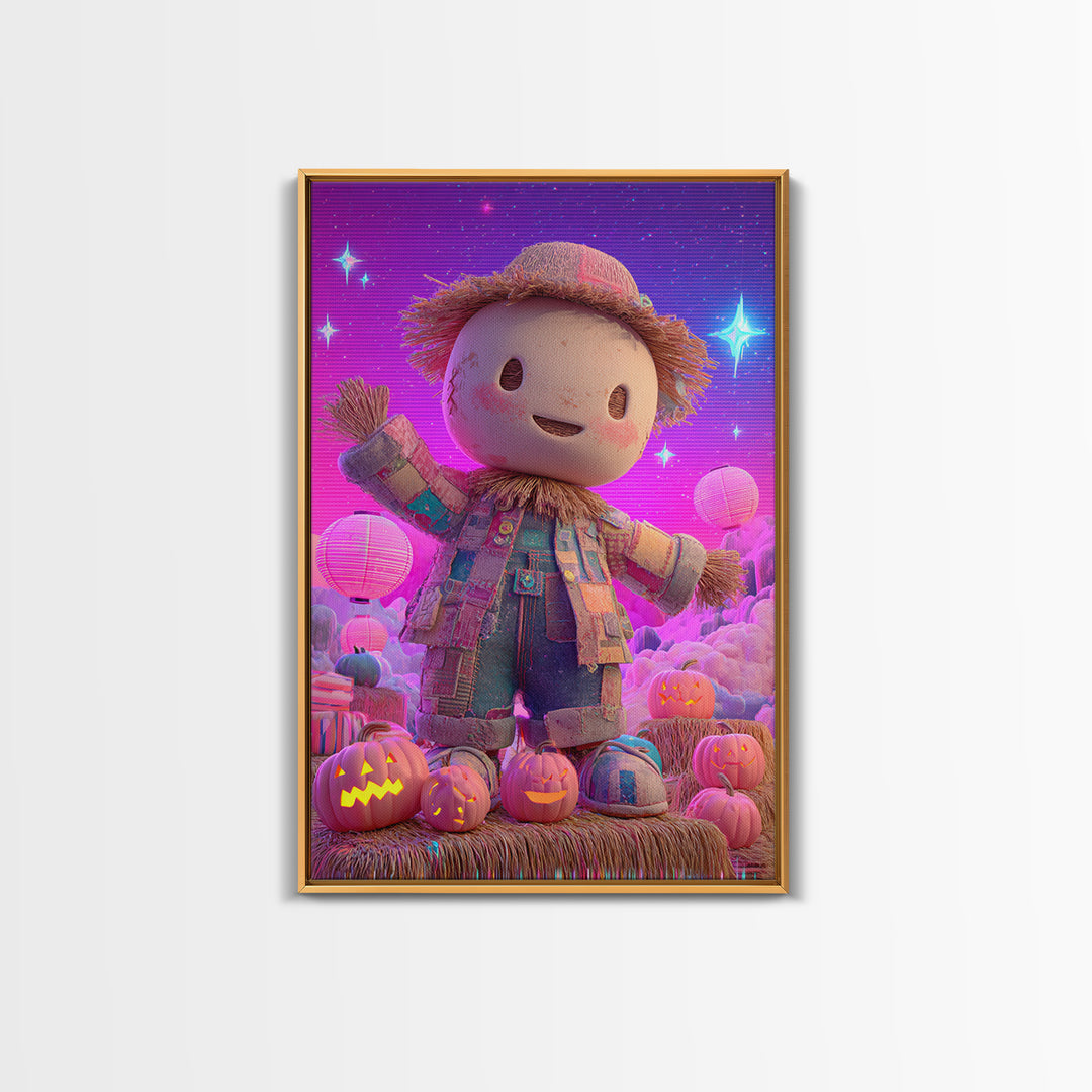 The Button-Nosed Scarecrow, Retro Neon Halloween Art, Vertical Wall Art, Framed Canvas Print, Retro Halloween Decor, Neon Wall Art