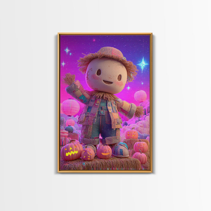 The Button-Nosed Scarecrow, Retro Neon Halloween Art, Vertical Wall Art, Framed Canvas Print, Retro Halloween Decor, Neon Wall Art