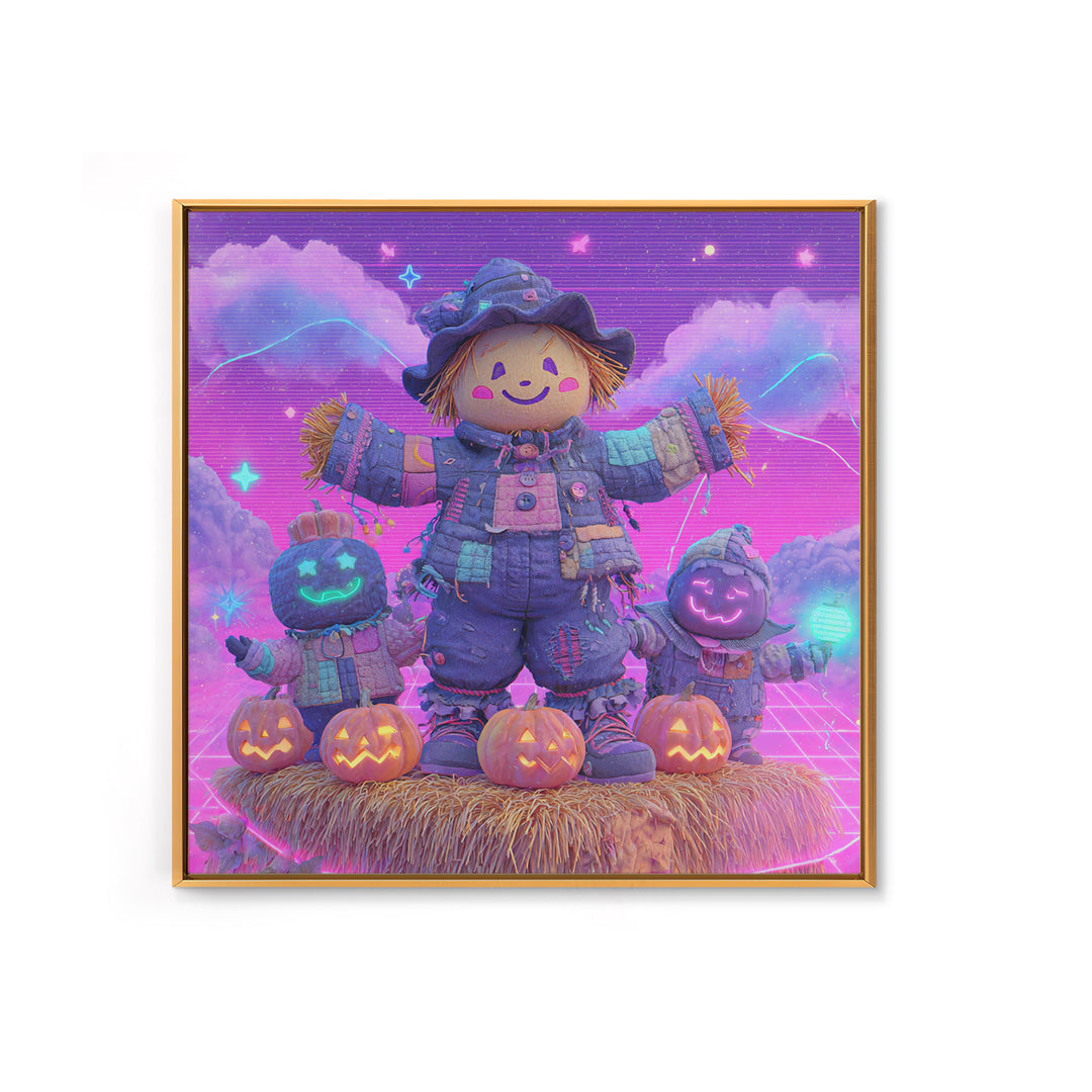 The Button-Nosed Scarecrow, Vaporwave Halloween Decor, Square Wall Art, Canvas Print, Retro Halloween Decor, Neon Wall Art, Macabre Wall Art