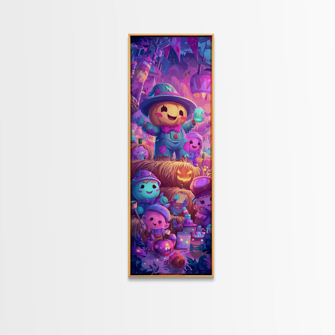 The Button-Nosed Scarecrow, 80s Halloween Wall Art, Tall Narrow Wall Art, Framed Canvas Print, Retro Halloween Decor, Neon Wall Art