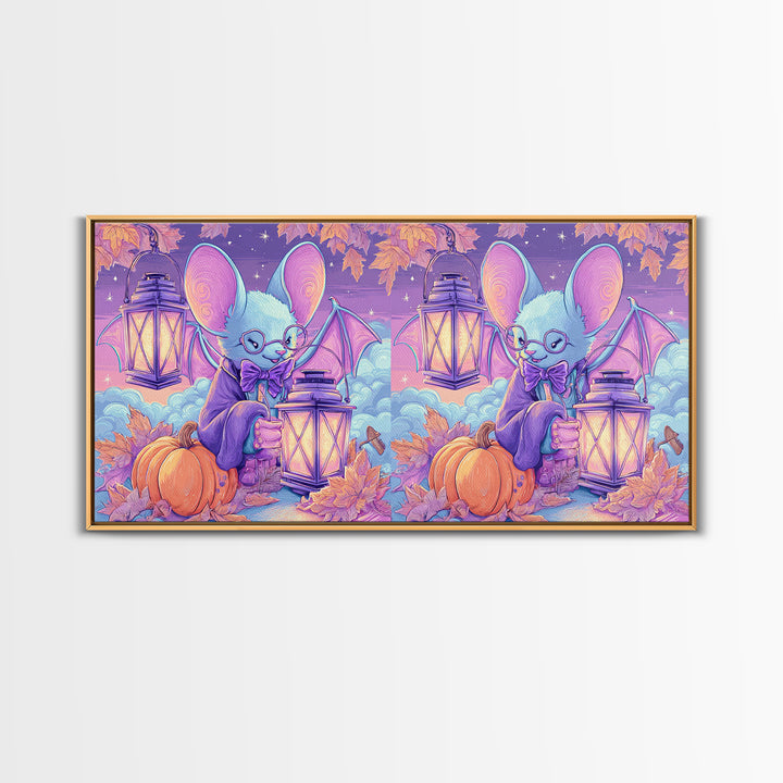 The Bow-Tie Bat, Vaporwave Halloween Decor, Wide Panoramic Art, Framed Canvas Print, Retro Halloween Decor, Neon Wall Art