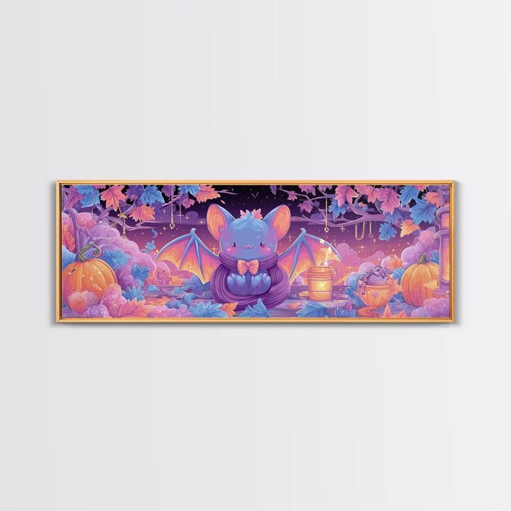 The Bow-Tie Bat, Cute Spooky Neon Art, Extra Wide Wall Art, Canvas Print, Retro Halloween Decor, Neon Wall Art, Dark Fantasy Art